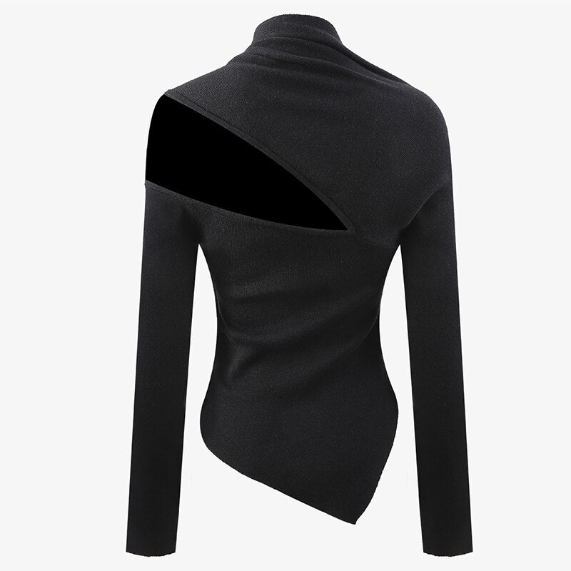 Asymmetrical Black T Shirt For Women Long Sleeve Hollow Out Slim Knitted Tops Female Fashion Clothing Autumn