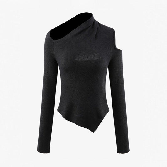 Asymmetrical Black T Shirt For Women Long Sleeve Hollow Out Slim Knitted Tops Female Fashion Clothing Autumn