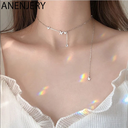 ANENJERY Shiny Cubic Zircon Butterfly Long Chain Tassel Necklace Clavicle Chains Choker For Women Gift S-N568